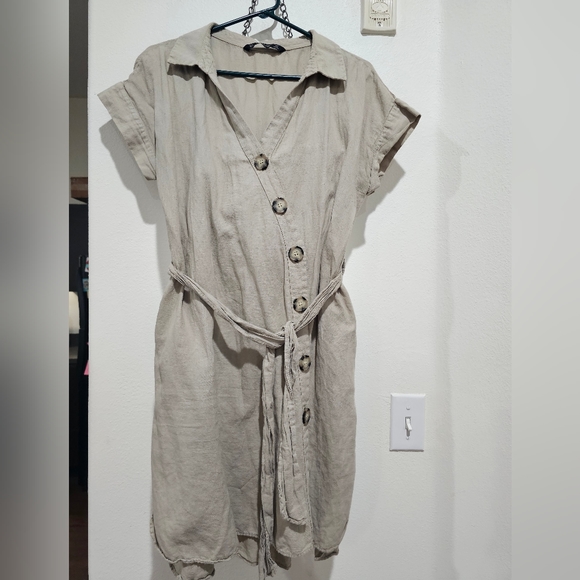 ZARA BASIC LINEN DRESS MINI NUDE BEIGE BUTTONED SHIRT DRESS WITH BELT - Picture 7 of 7